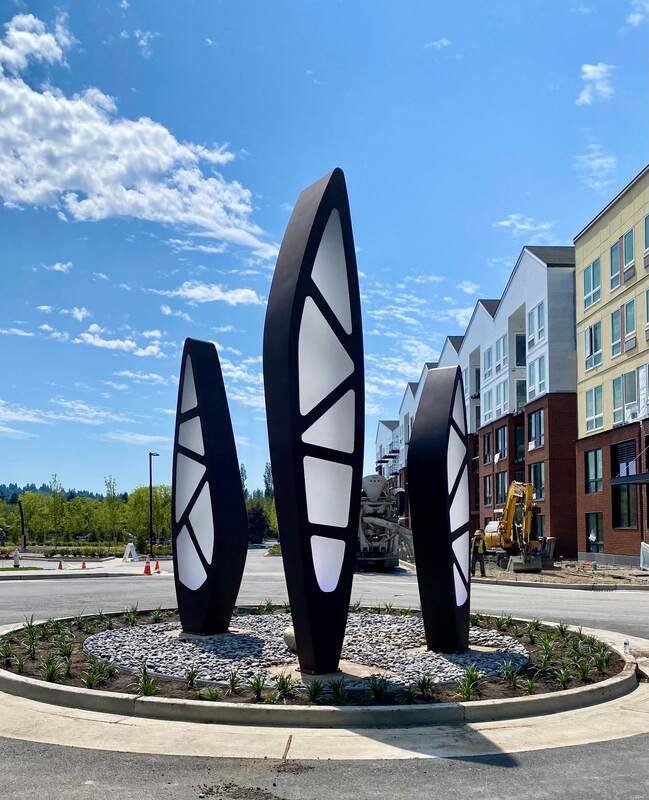 large scale stainless roundabout sculpture led sculpture  plaza entryway sculpture bothell washington